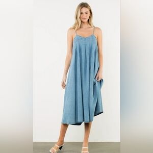 THML Stonewash Denim Midi Dress  with Spaghetti Straps Size XS